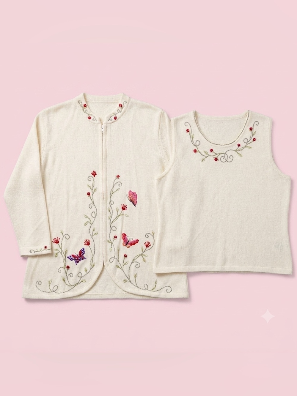 Storybook Knits Garden of Love 2pc Set Large Cream Embroidered Sweater & Tank - Picture 2 of 12